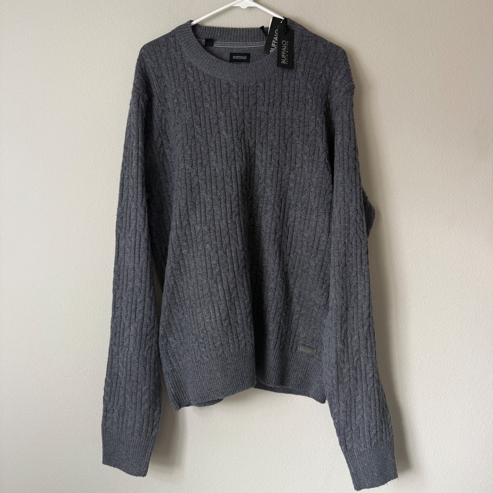 Buffalo David Bitton Mens XL Grey Cable Knit Crewneck Sweater Withers Pullover